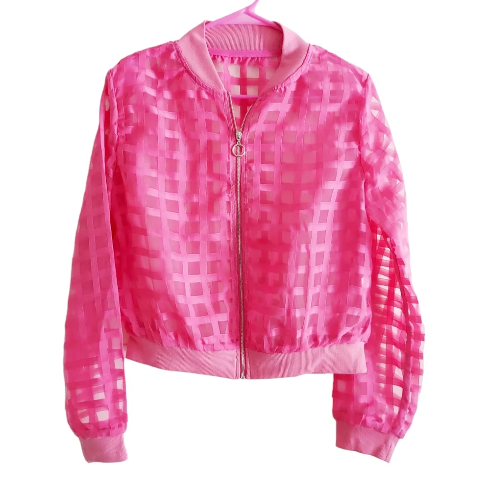 Pink Mesh Windowpane Bomber Jacket - Picture 1 of 7